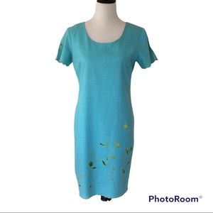 Vintage Linen Blend Dress Cutout Embroidery Scalloped Hemline & Sleeve 10P